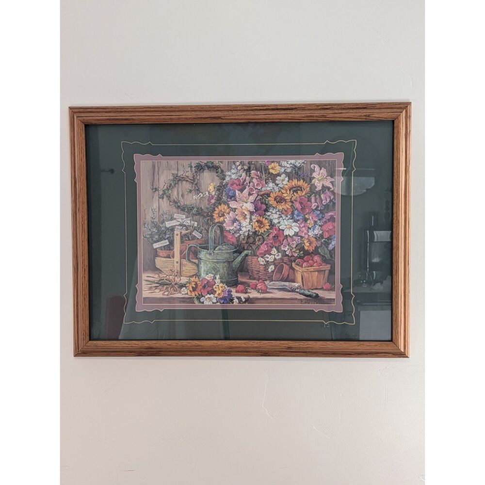 Barbara Mock Framed Floral Print Garden Still Life Oak Frame Vintage Cottagecore